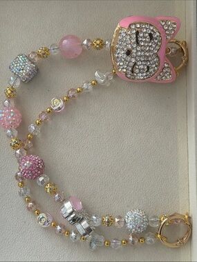 Sleeping Fox Pink Crystal  Charm Purse Chain Gold Hardware
